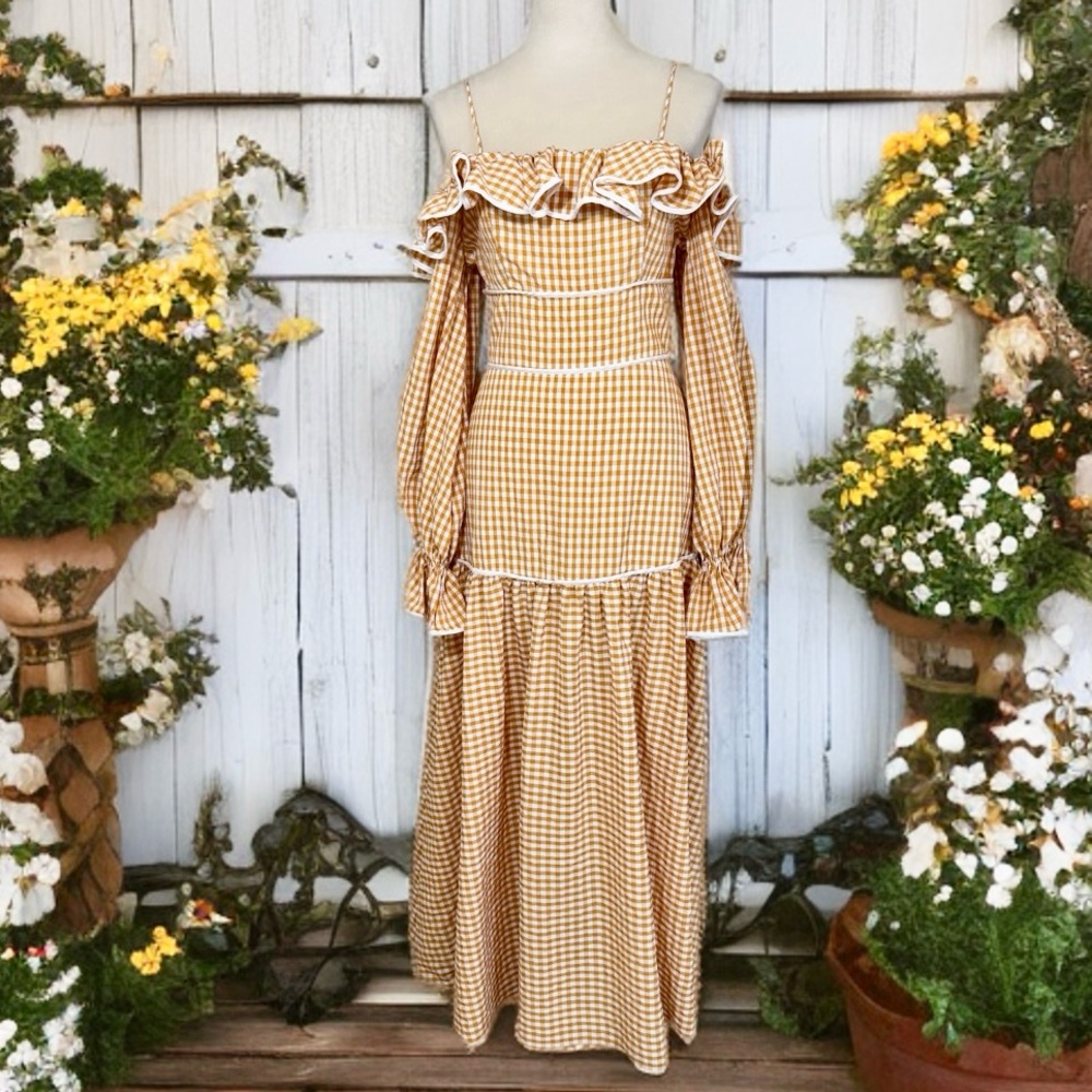 Free People/Keepsake the Label Marigold Gingham Off-the-Shoulder Maxi Dress - Picture 2 of 7